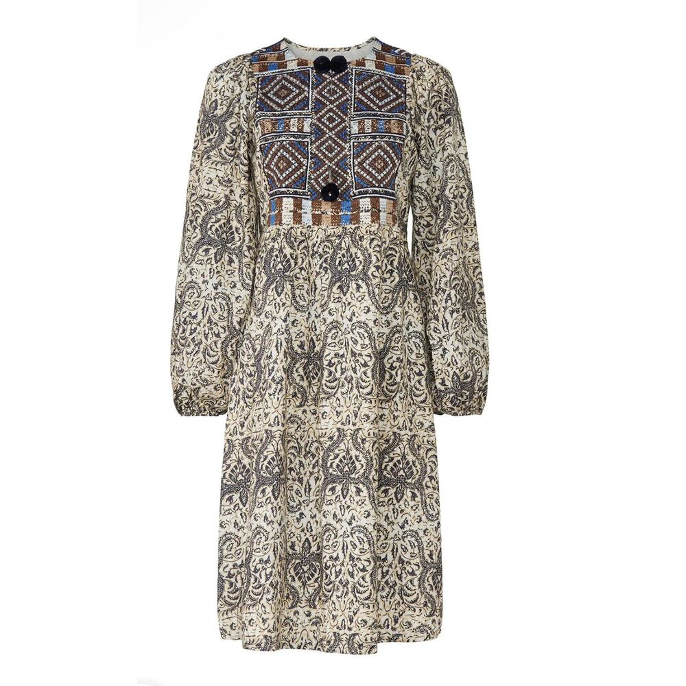 FIGUE Boho Baltic Embroidered Pom Pom Lucie Mini Puff Sleeves Dress‎ Size XS